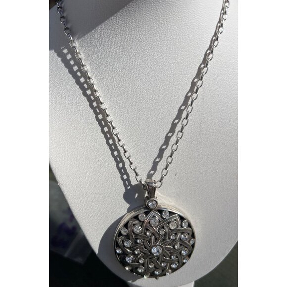 Brighton Silver Tone Long Chain Necklace Mirror Pendant Round Locket 34" Crystal - Picture 2 of 5
